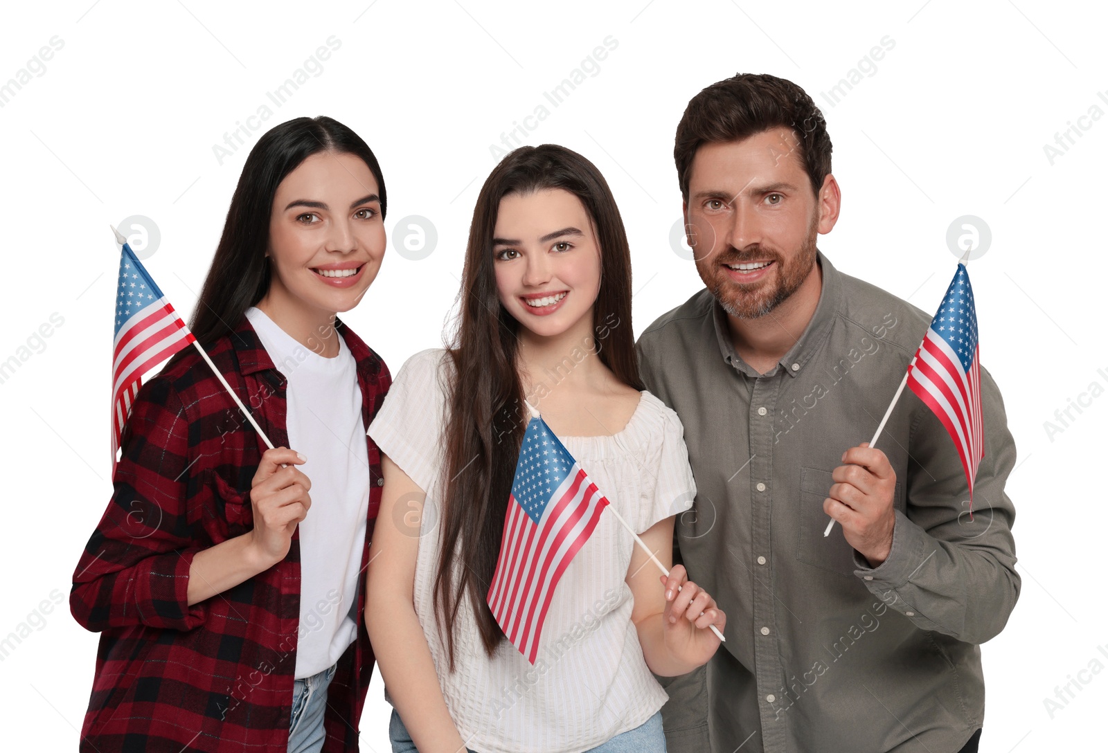 Image of 4th of July - Independence day of America. Happy family with national flags of United States on white background