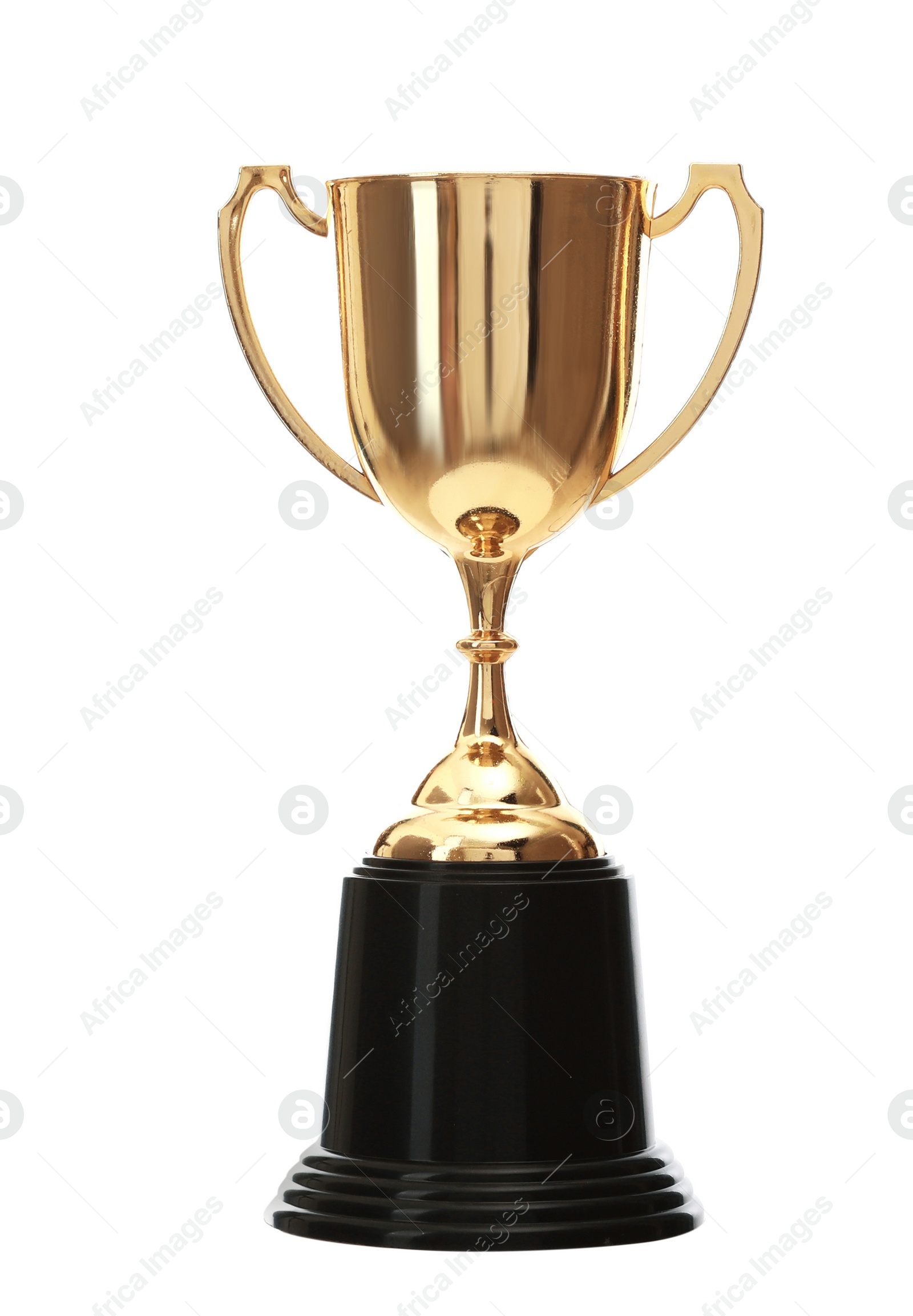 Photo of Shiny gold cup on white background. Winner's trophy