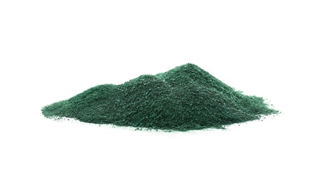 Photo of Heap of spirulina algae powder on white background