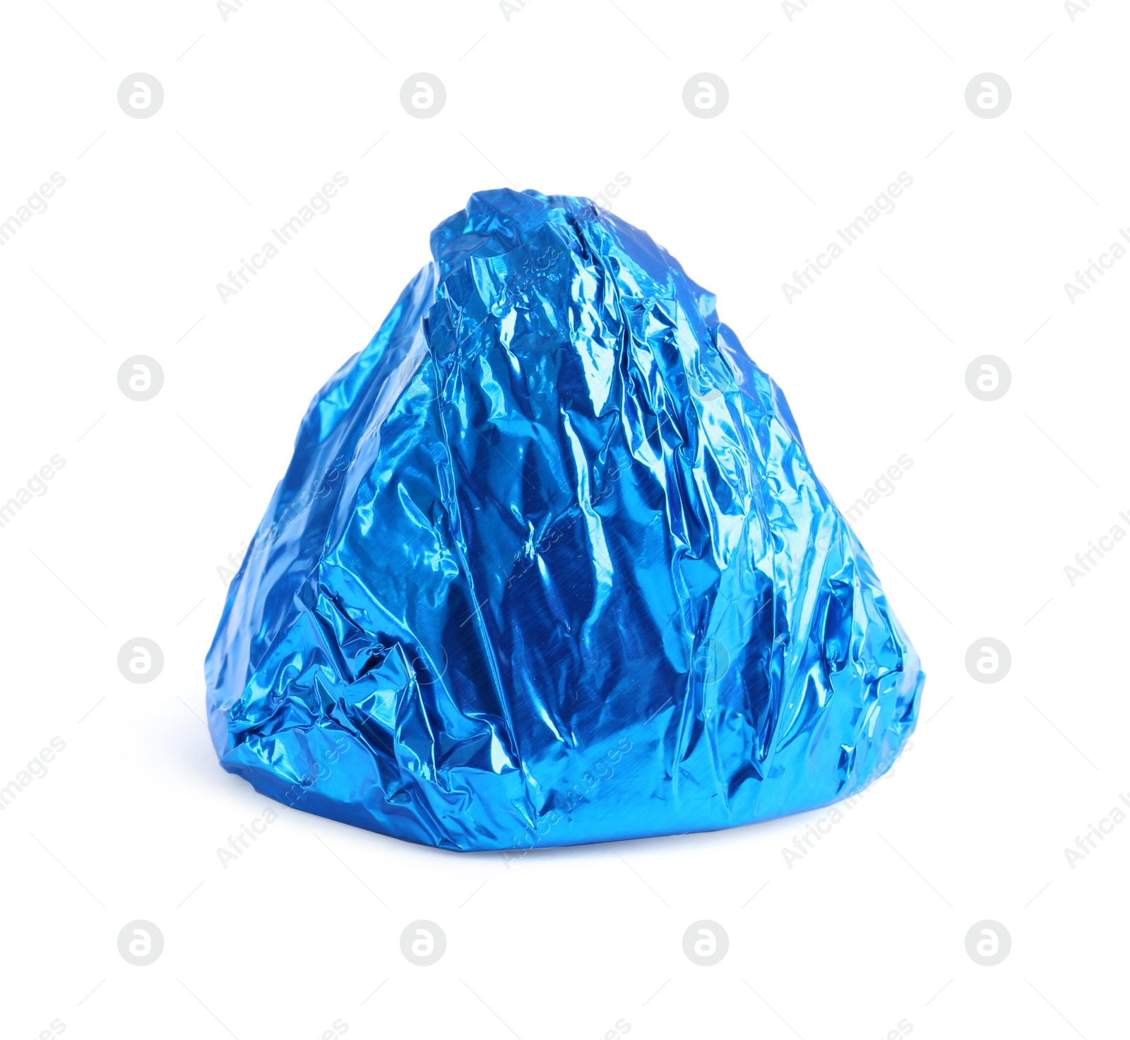 Photo of Tasty candy in blue wrapper isolated on white