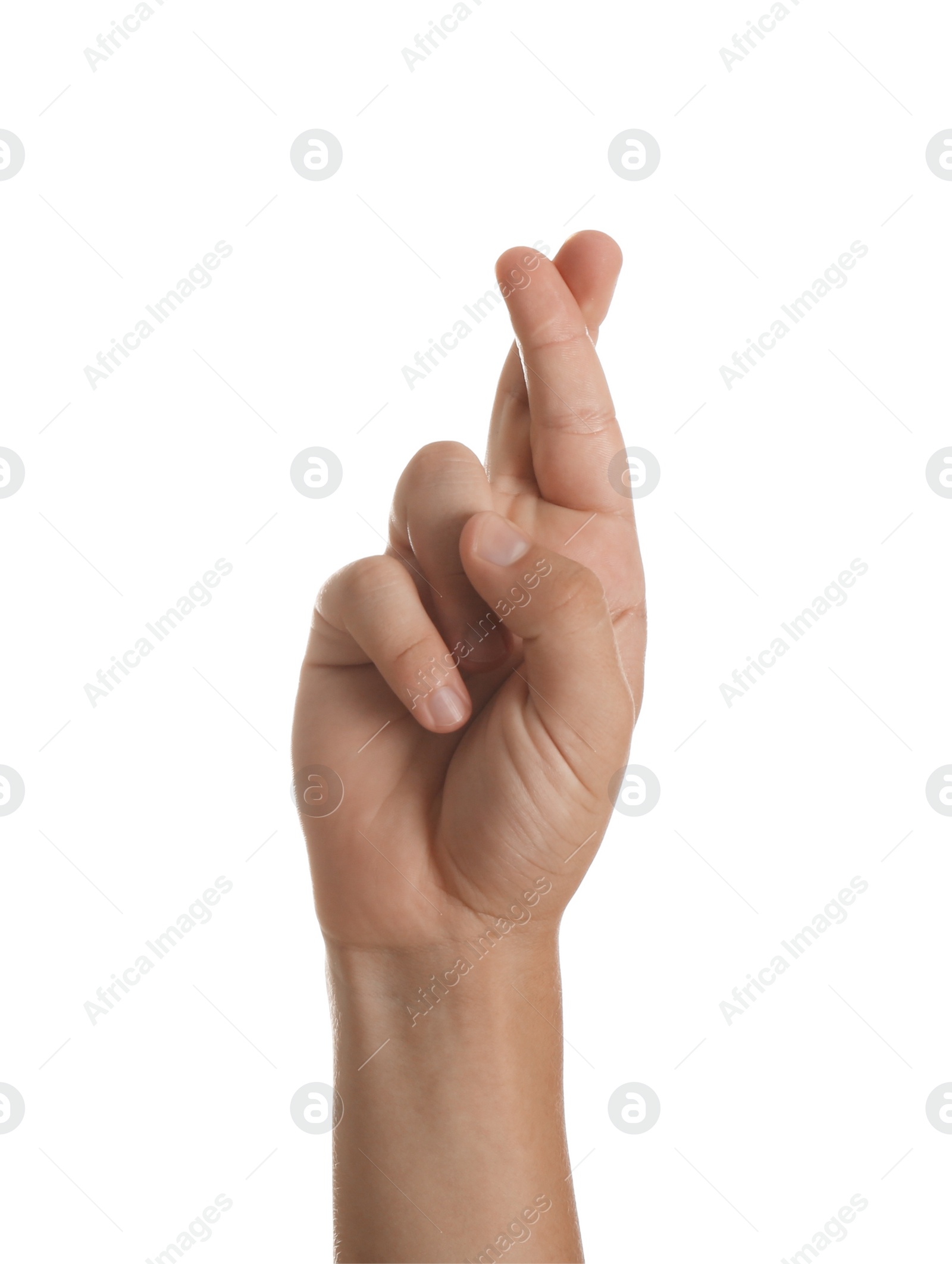 Photo of Teenage boy crossing fingers on white background, closeup
