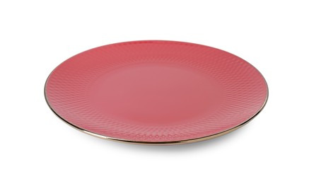 Photo of One red ceramic plate isolated on white