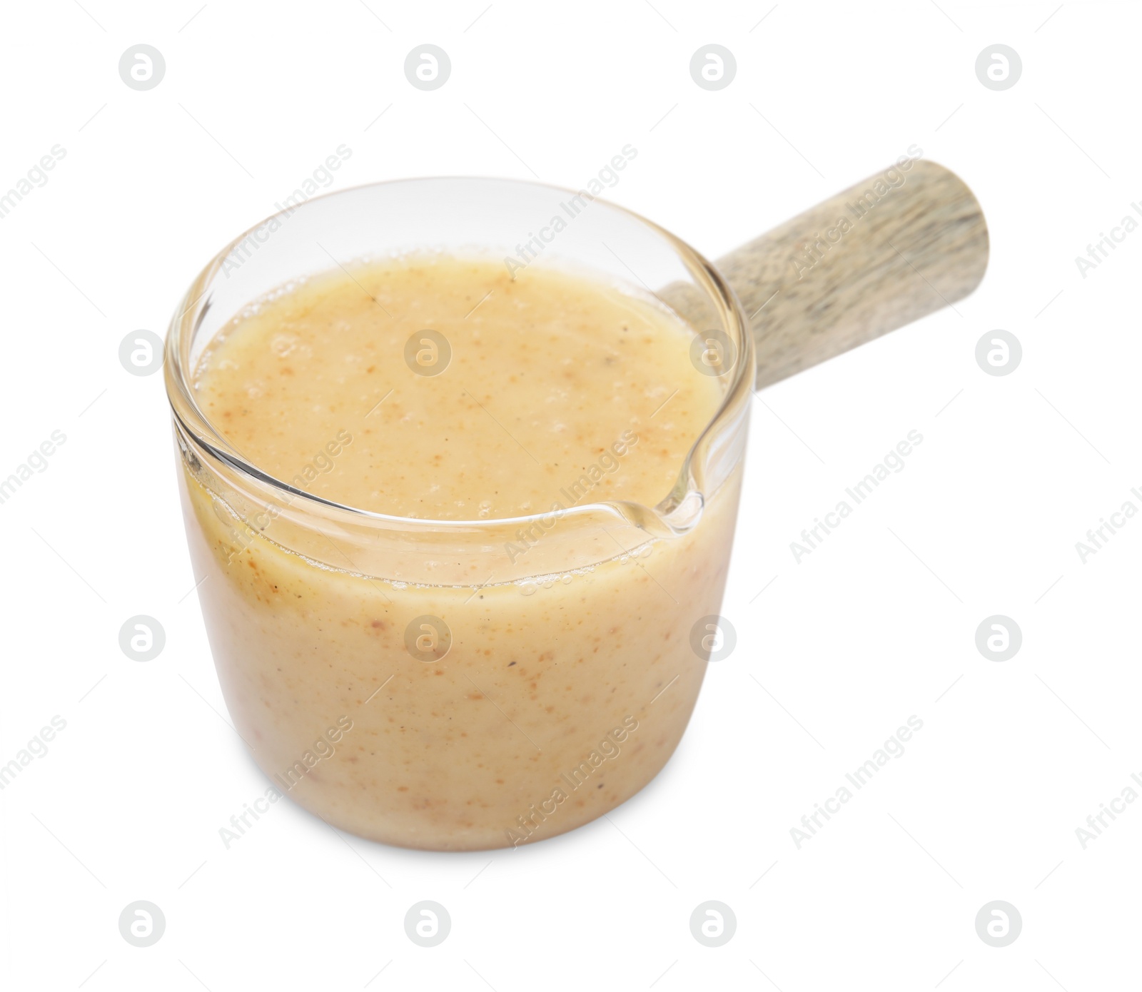 Photo of Delicious turkey gravy in glass saucepan isolated on white