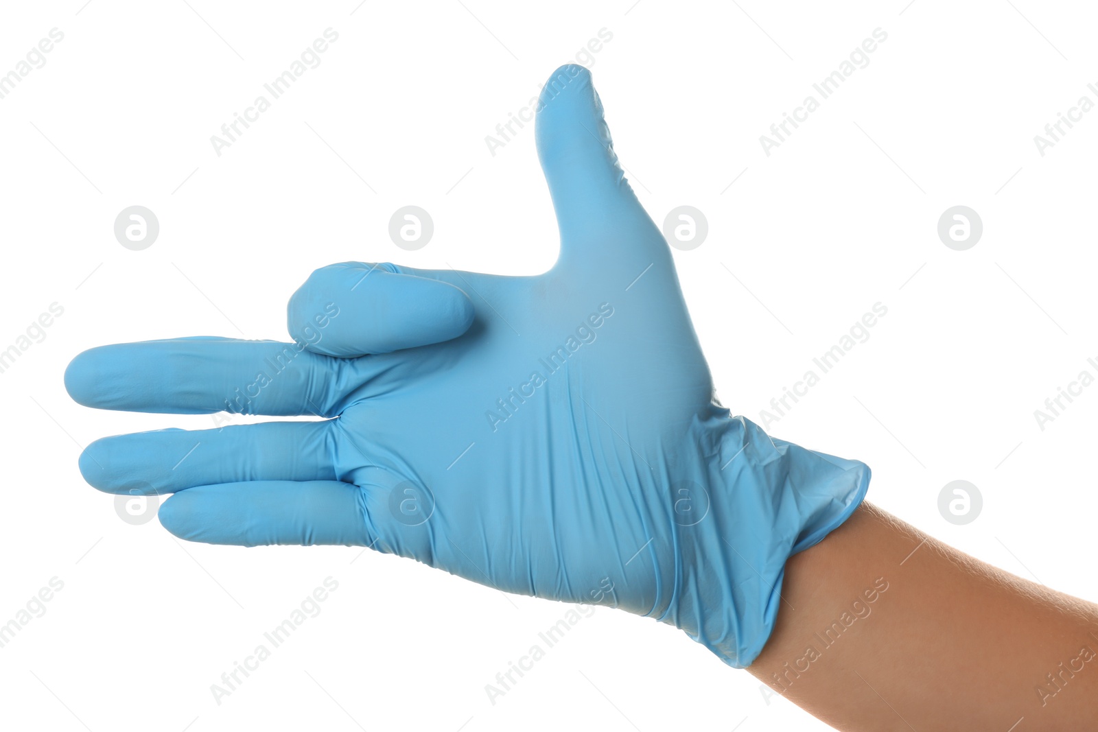 Photo of Person in blue latex gloves showing gesture against white background, closeup on hand