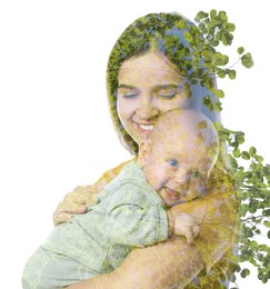 Image of Double exposure of mother with her cute little child and green tree on white background