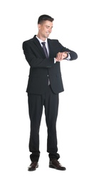 Photo of Handsome young man in suit on white background