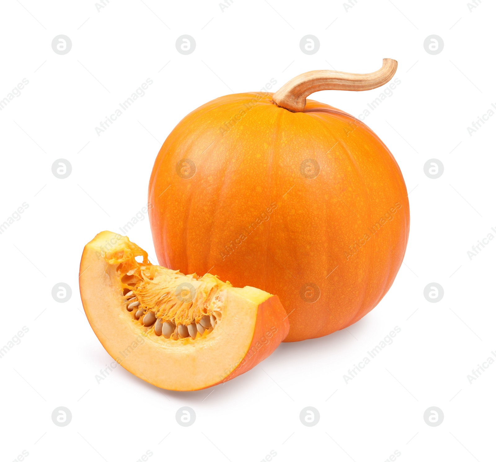 Photo of Whole and cut fresh ripe pumpkins isolated on white