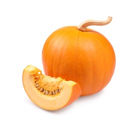 Whole and cut fresh ripe pumpkins isolated on white