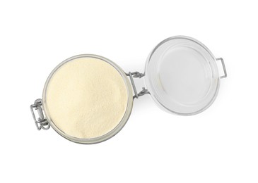 Photo of Jar with uncooked organic semolina isolated on white, top view