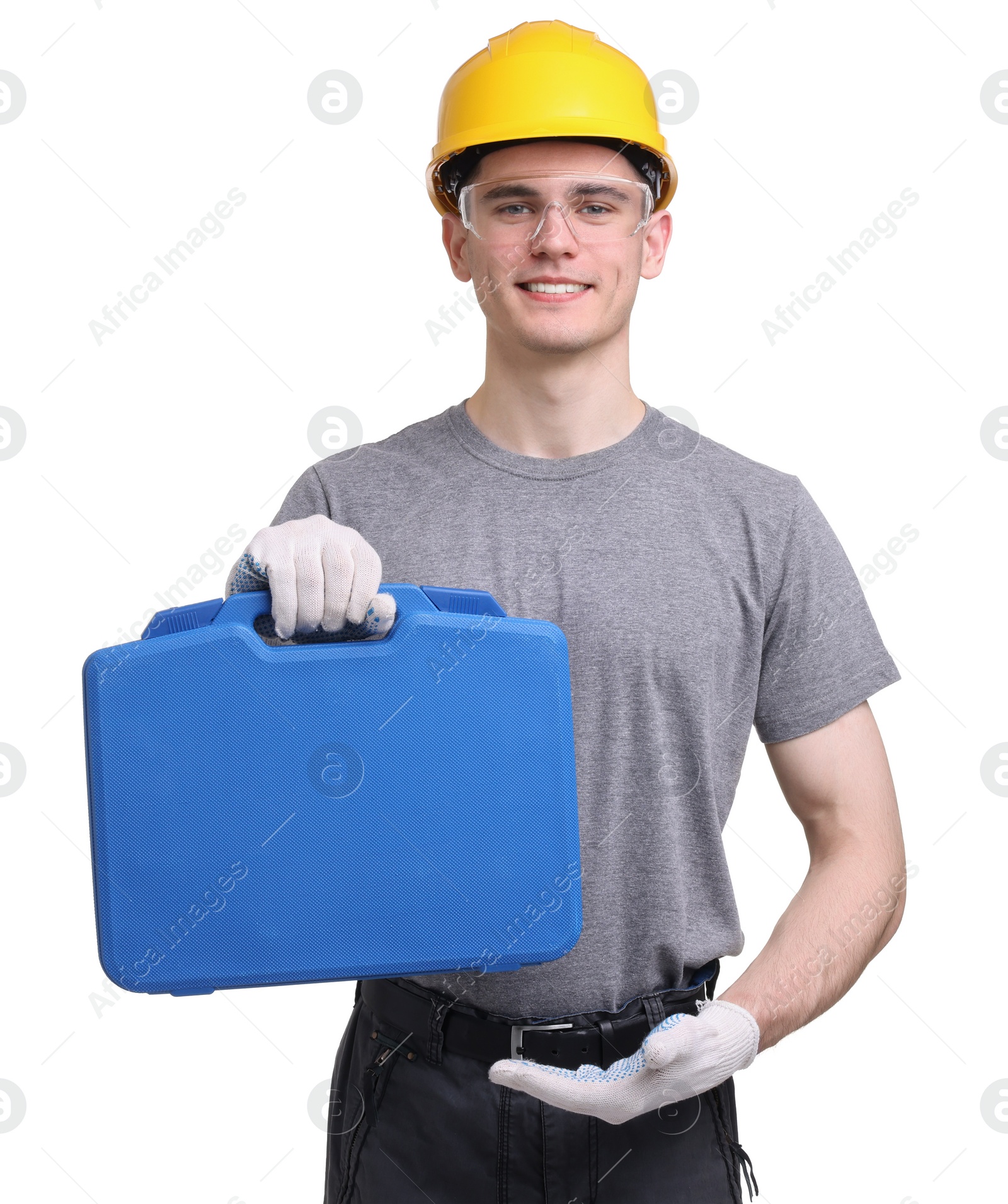 Photo of Professional repairman with tool box on white background