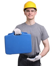 Professional repairman with tool box on white background