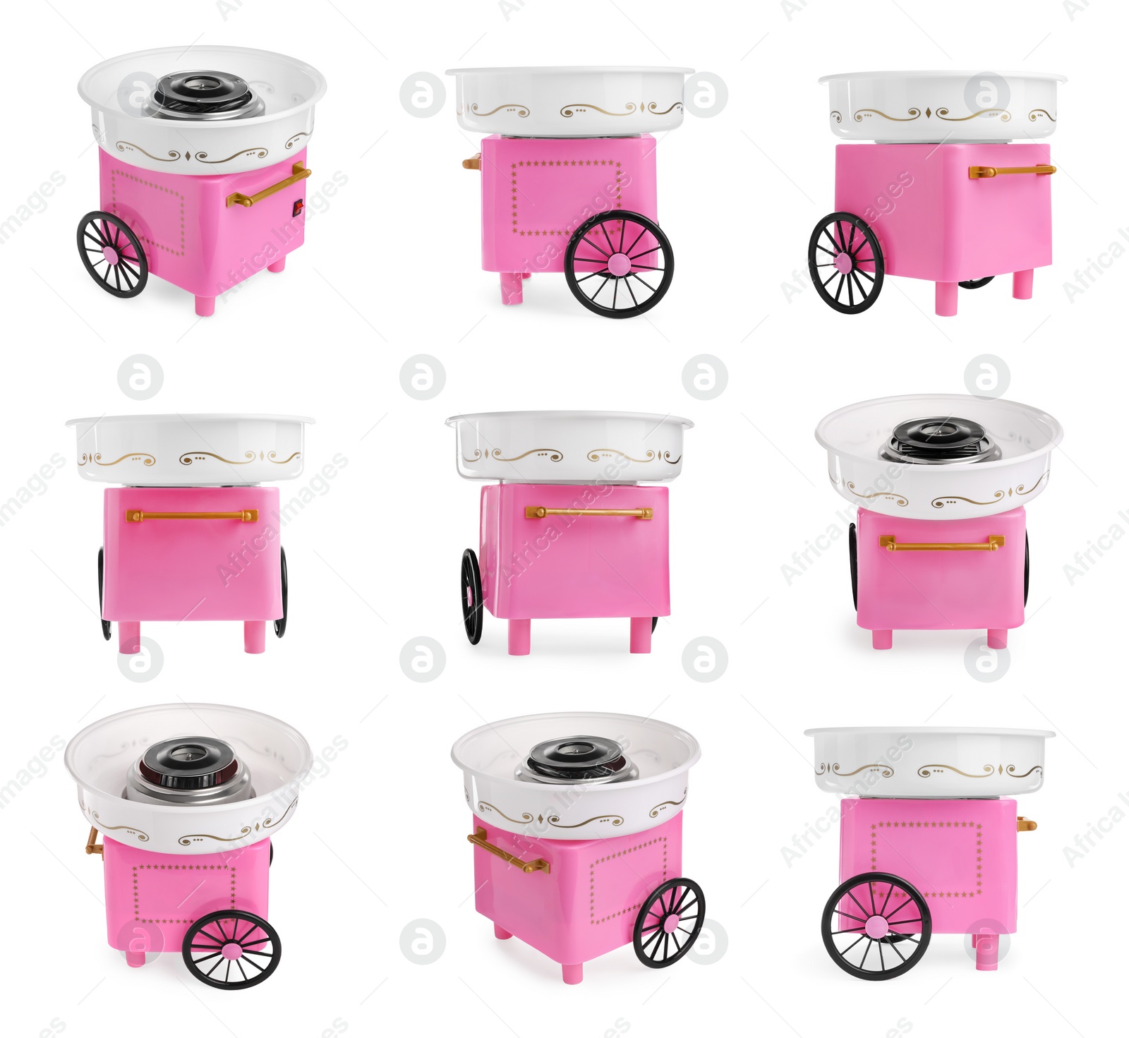 Image of Collage with portable candy cotton machine isolated on white, different sides