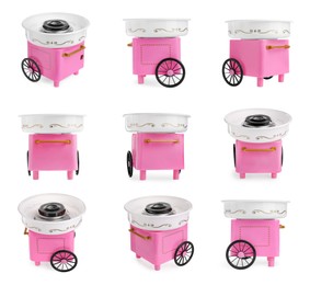 Collage with portable candy cotton machine isolated on white, different sides