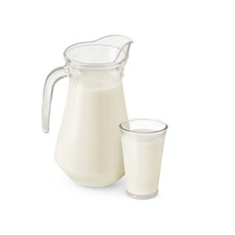 Glass and jug with milk isolated on white