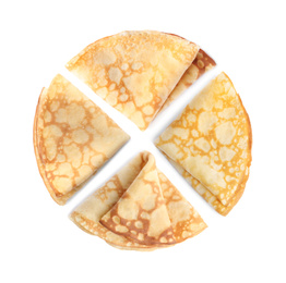 Image of Set of delicious thin pancakes on white background, top view