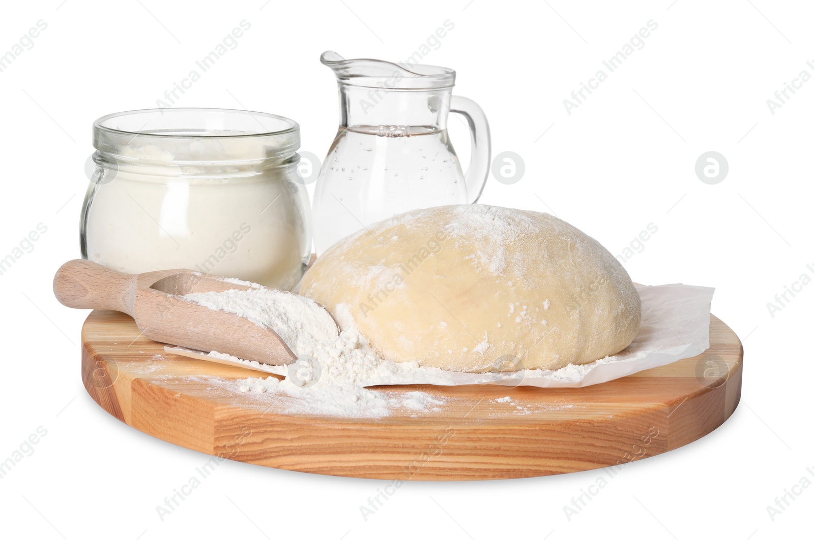 Photo of Cooking scones with soda water. Dough and ingredients isolated on white
