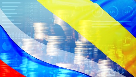 Multiple exposure of Ukrainian, Russian flags, coins and digital stock exchange market charts