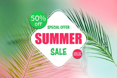 Image of Hot summer sale flyer design with green palm leaves on bright background