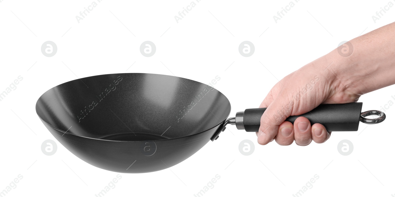 Photo of Man holding empty metal wok on white background, closeup