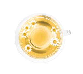 Photo of Delicious chamomile tea in glass cup isolated on white, top view