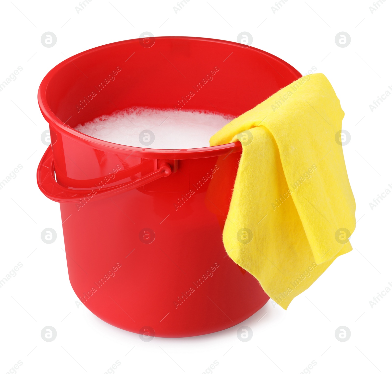 Photo of Red bucket with detergent and rag isolated on white