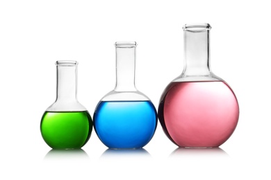 Florence flasks with color liquid isolated on white. Solution chemistry