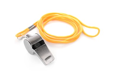 Photo of One metal whistle with cord isolated on white