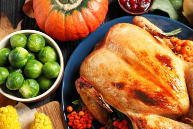 Photo of Composition with turkey as background, top view. Happy Thanksgiving day