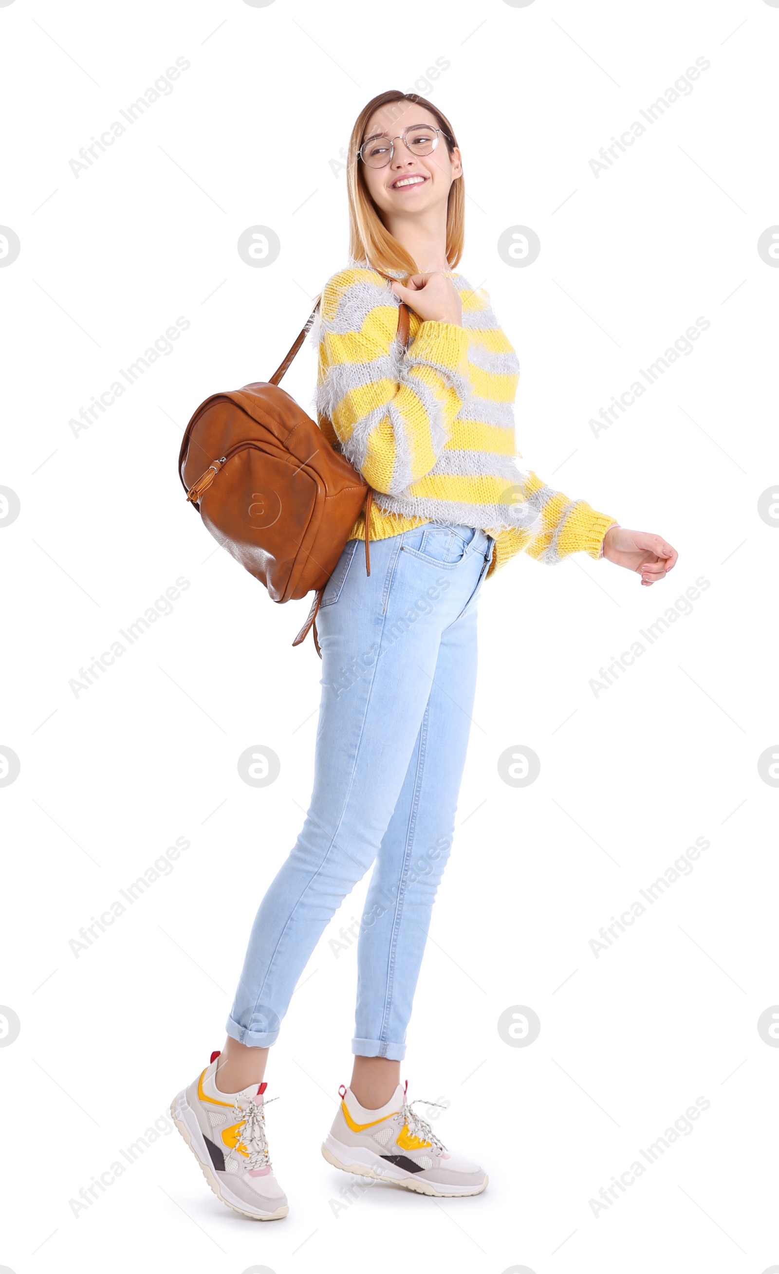 Photo of Teenage girl with backpack on white background