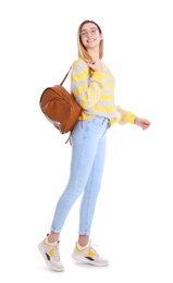 Teenage girl with backpack on white background