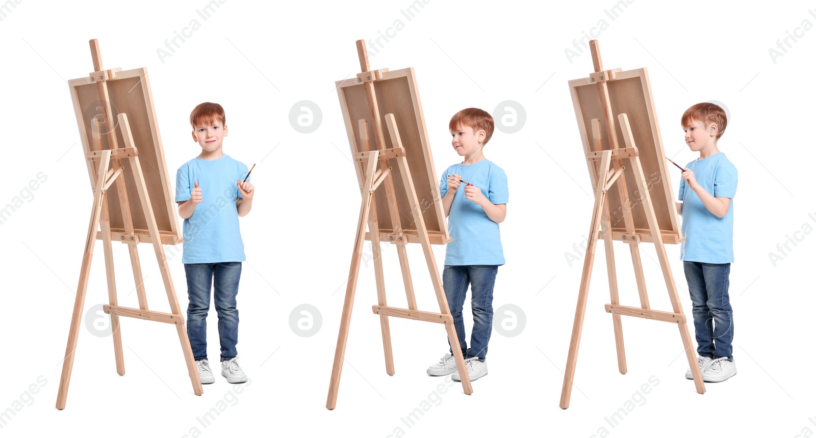 Image of Collage with photos of boy near easel on white background