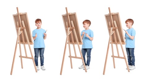 Collage with photos of boy near easel on white background