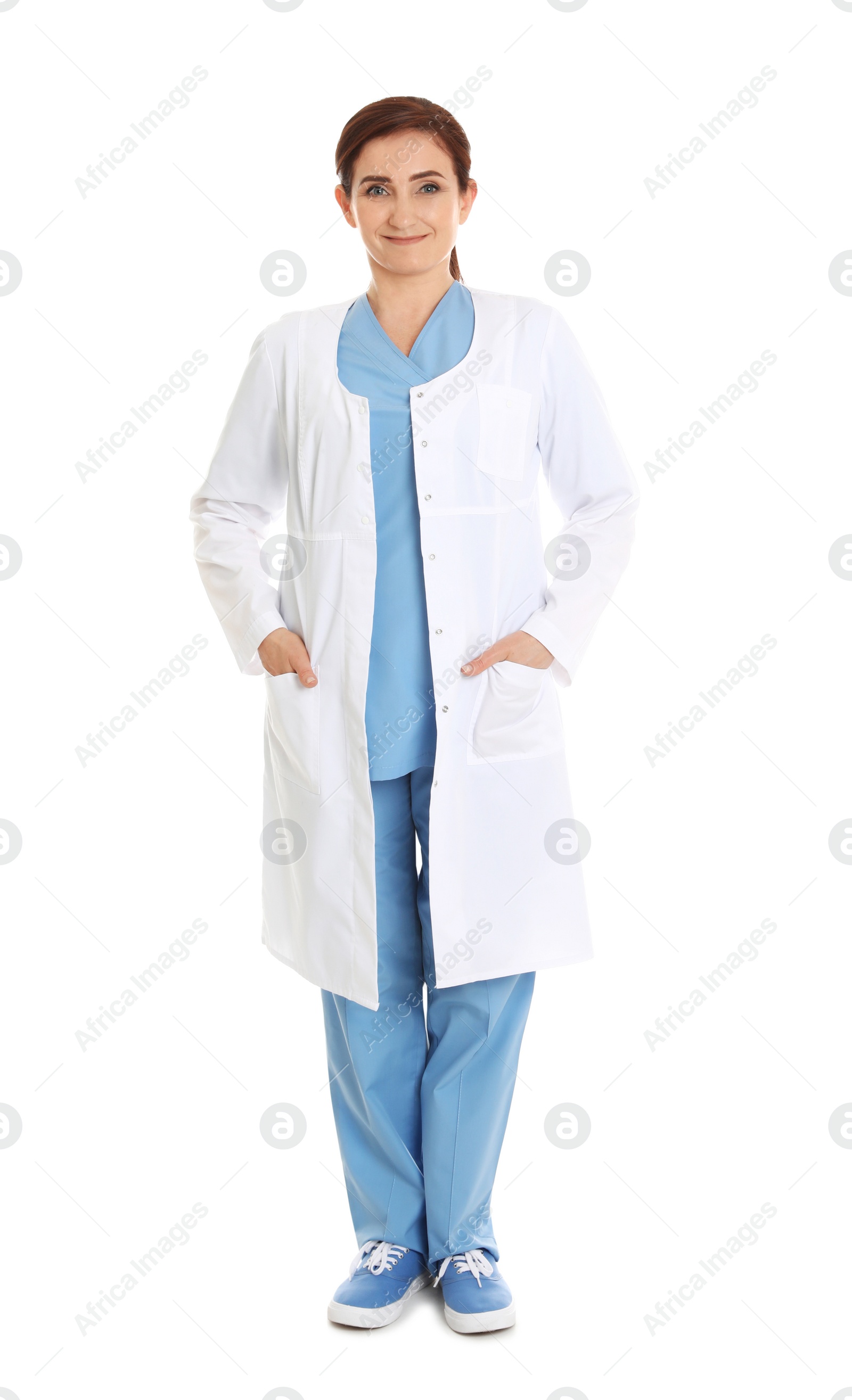 Photo of Full length portrait of female doctor isolated on white. Medical staff