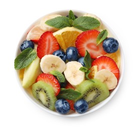 Photo of Tasty fruit salad in bowl isolated on white, top view