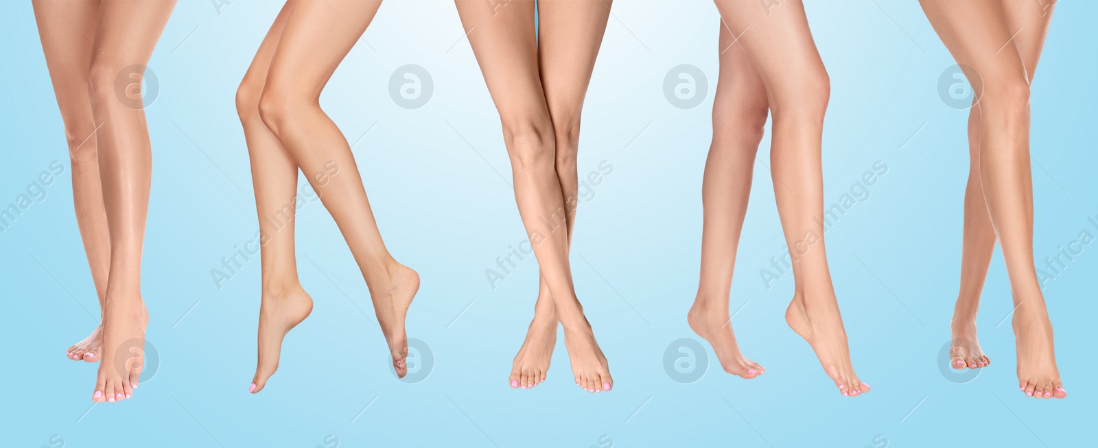 Image of Collage with photos of women with beautiful legs on light blue background. Banner design