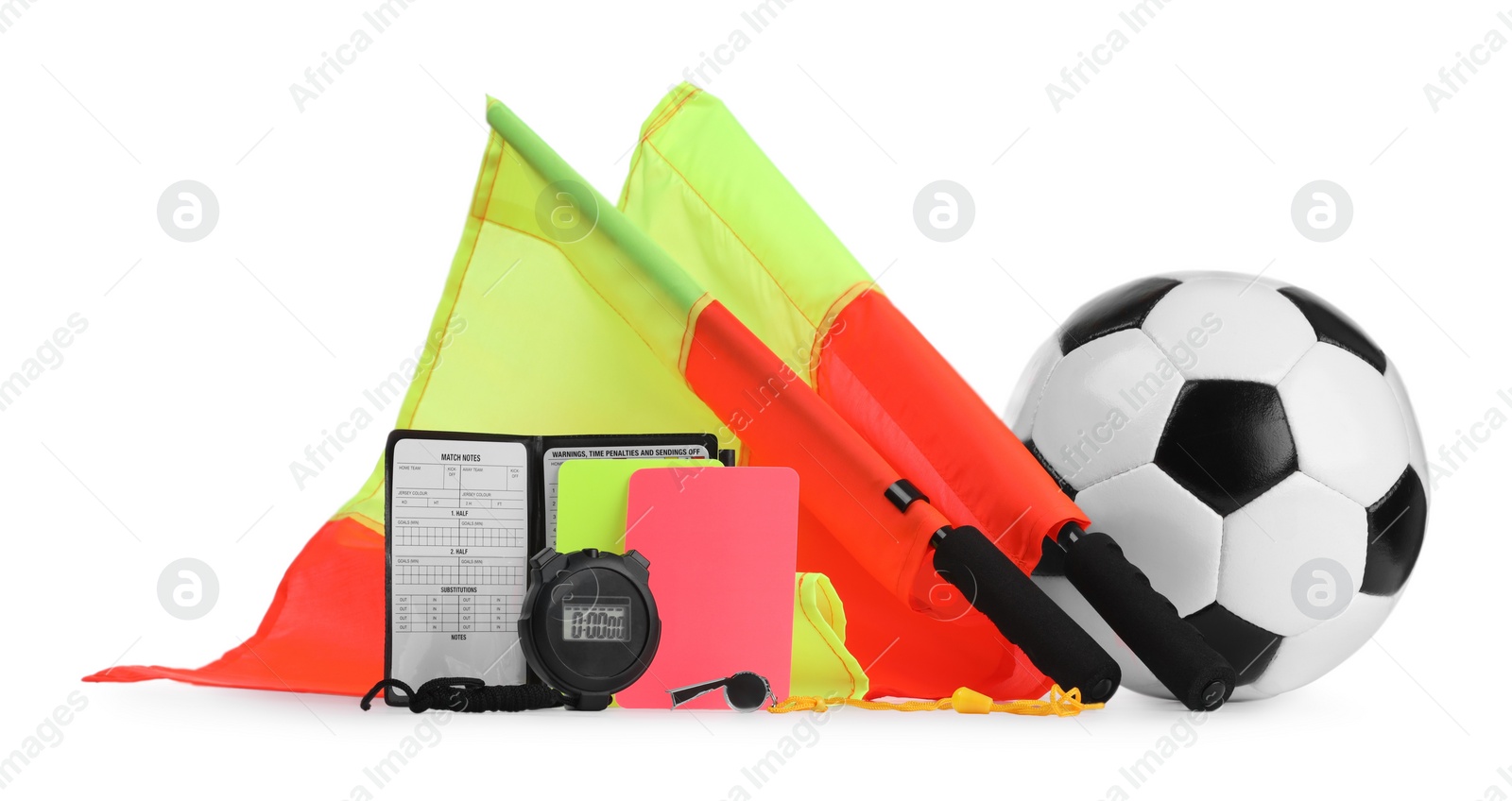 Photo of Football referee equipment. Soccer ball, flags, stopwatch, cards and whistle isolated on white