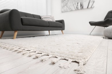 Soft carpet and stylish sofa in living room, low angle view. Modern interior