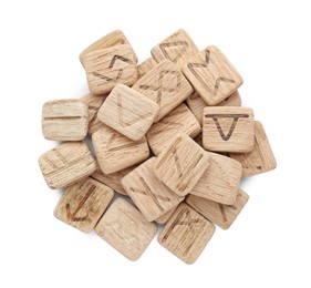 Pile of wooden runes isolated on white, top view