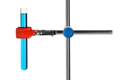 Photo of Retort stand with test tube of light blue liquid isolated on white