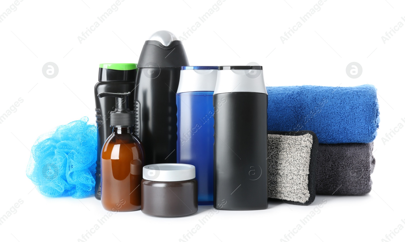 Photo of Set with men's personal hygiene products on white background