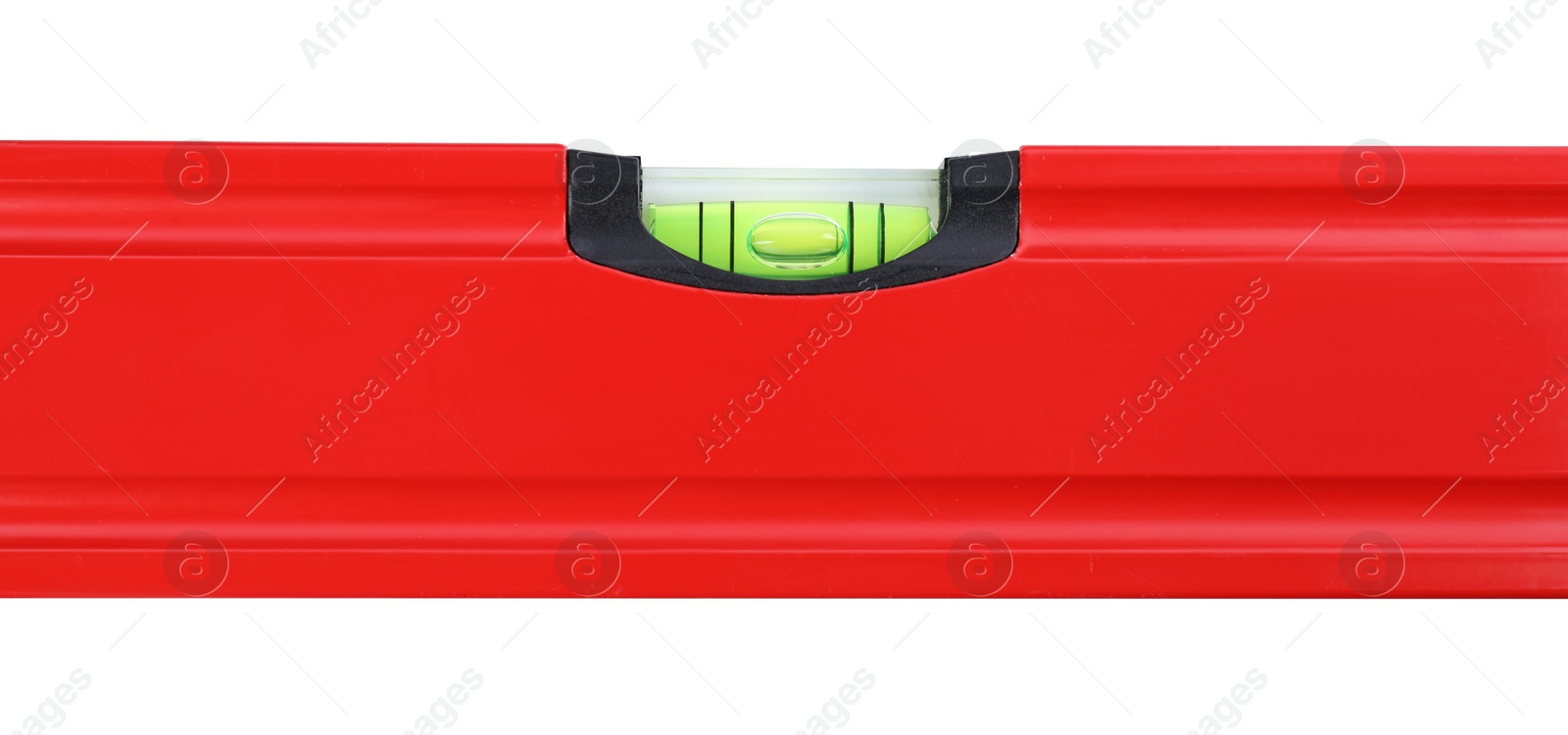 Photo of Red building level isolated on white, top view. Construction tool