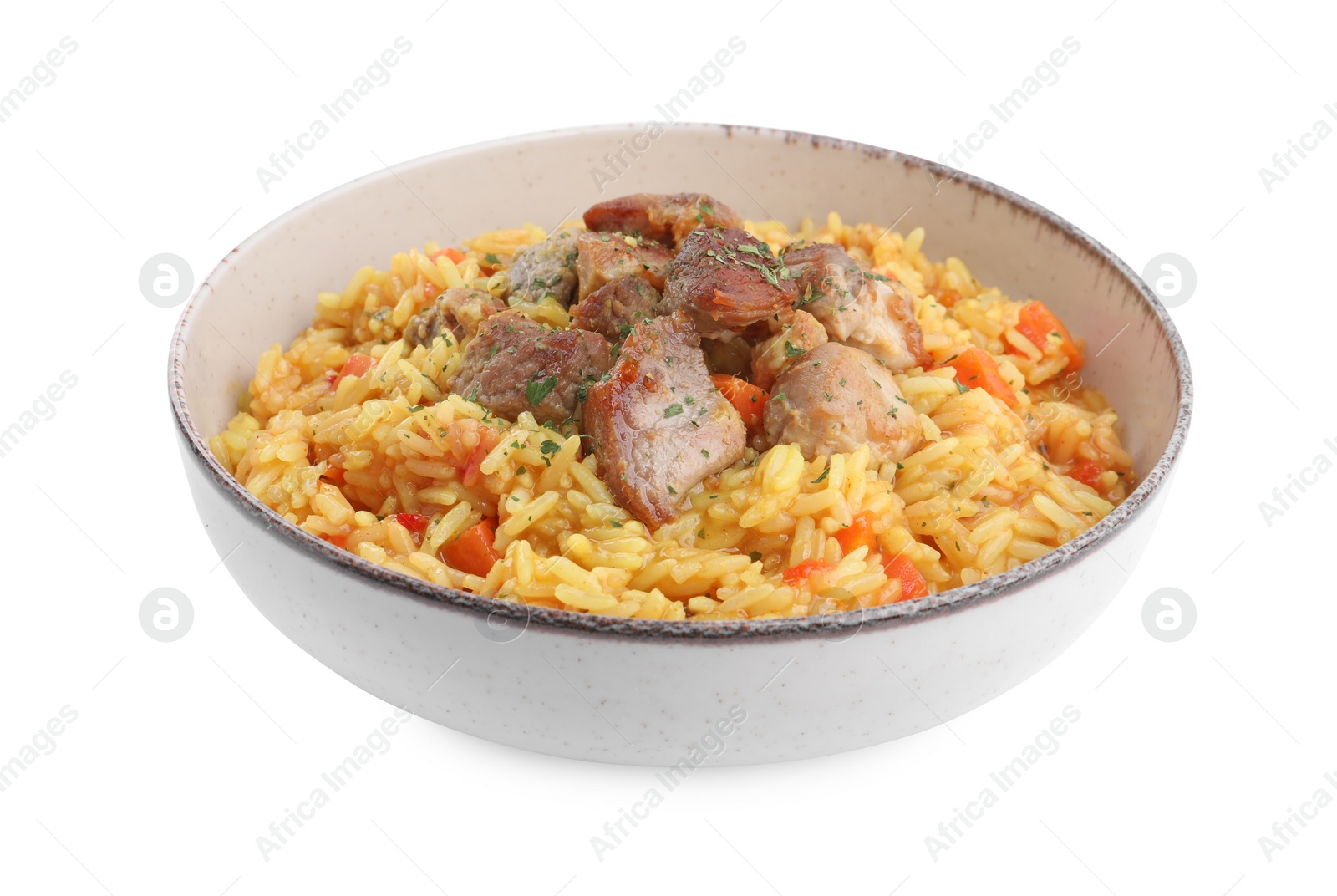 Photo of Delicious pilaf with meat isolated on white