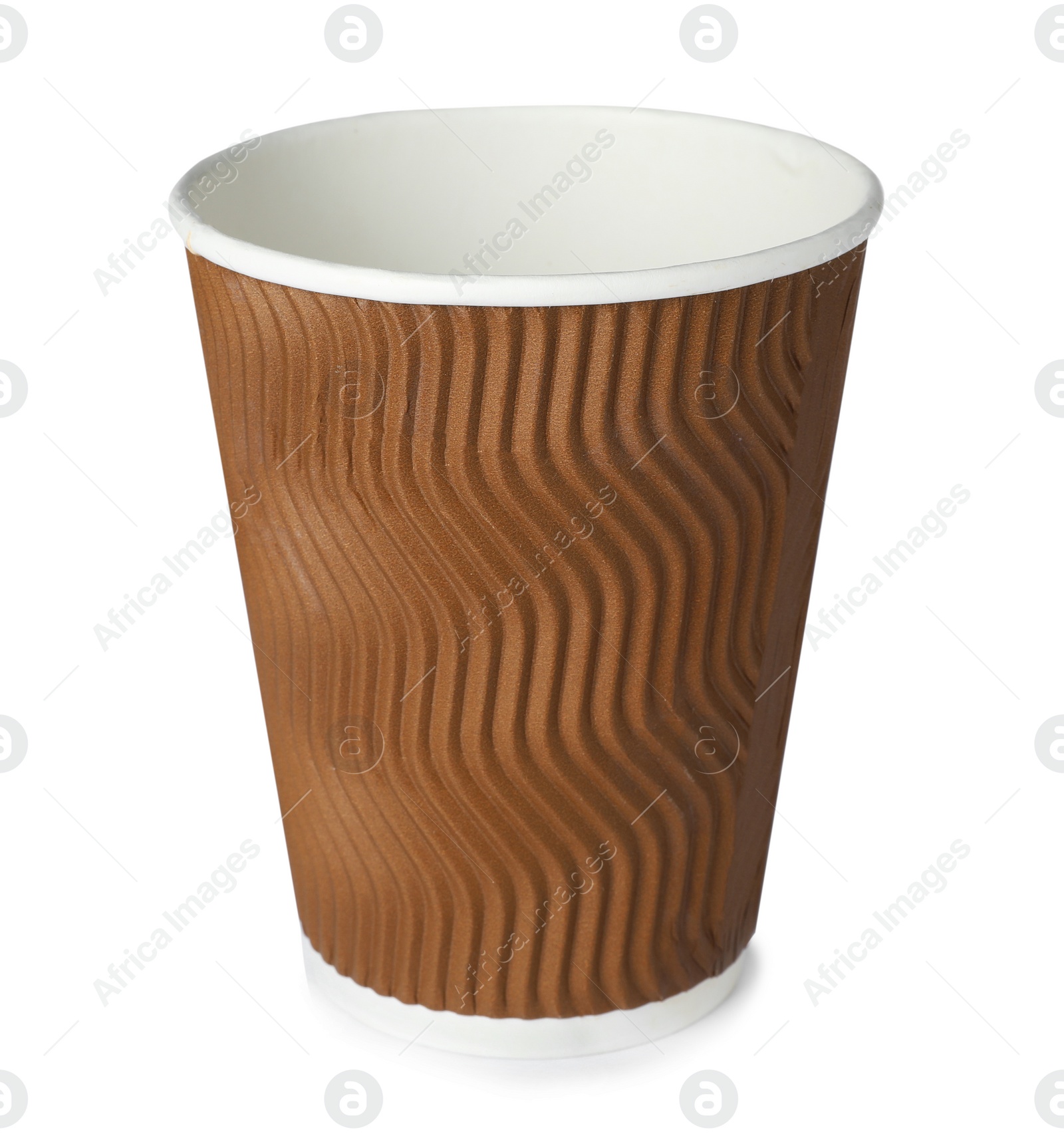 Photo of Empty takeaway paper coffee cup isolated on white