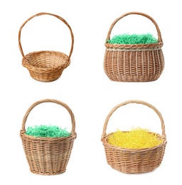 Image of Set with wicker baskets on white background. Easter item