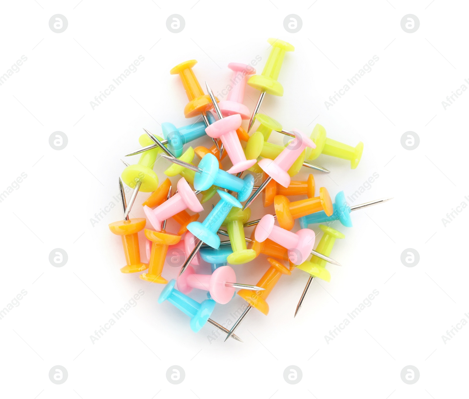 Photo of Heap of colorful push pins on white background. School stationery
