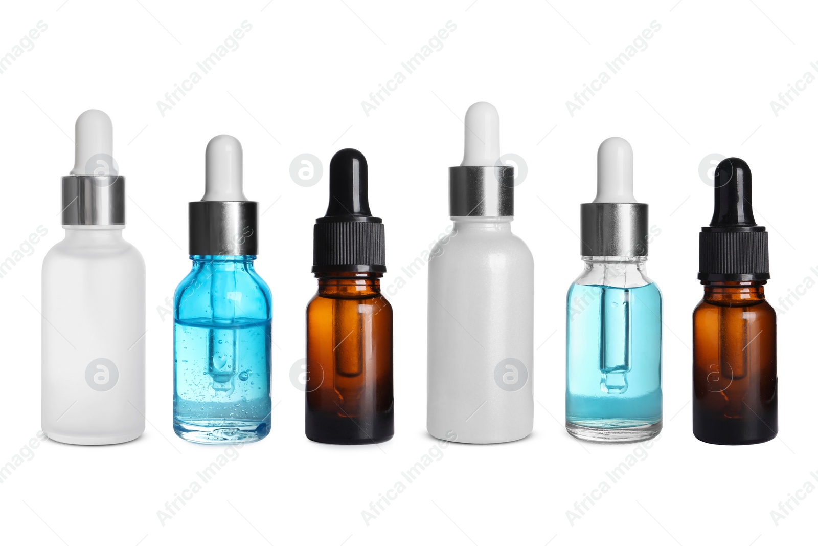 Image of Serums in different bottles isolated on white, collection