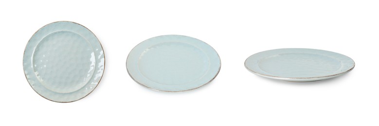 Image of Empty ceramic plate isolated on white, set with different views