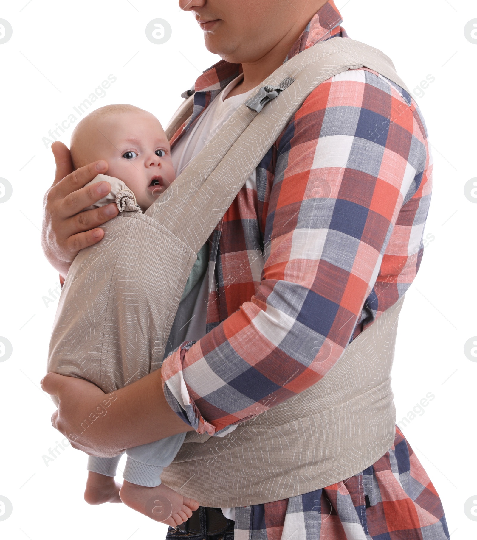 Photo of Father holding his child in baby carrier on white background, closeup