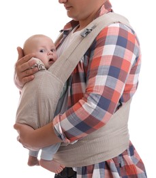 Father holding his child in baby carrier on white background, closeup