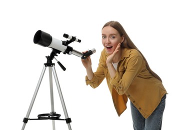 Photo of Surprised astronomer with telescope on white background